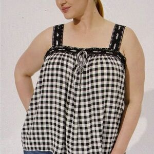 Torrid Black and White Gingham Washable Gauze Crochet Lace Trim Tank 2X NWT